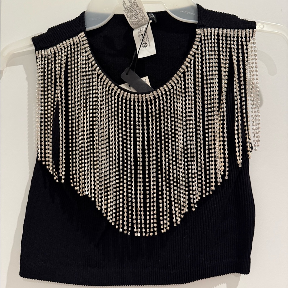 Zara Black Crop Top with Silver Beaded Fringe